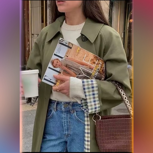 Sézane Clyde Inspired Olive Green Trench Coat with Plaid Lining - Picture 2 of 3